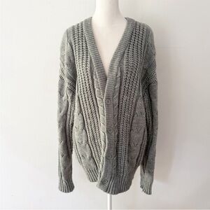 Vintage Men 90s Cable Knit V Neck Cardigan Medium Fisherman Cozy Grandpa Chunky